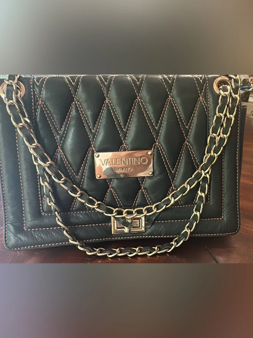 Valentino Quilted Leather Crossbody Bag black with rosegold Hardware. (Bags20)